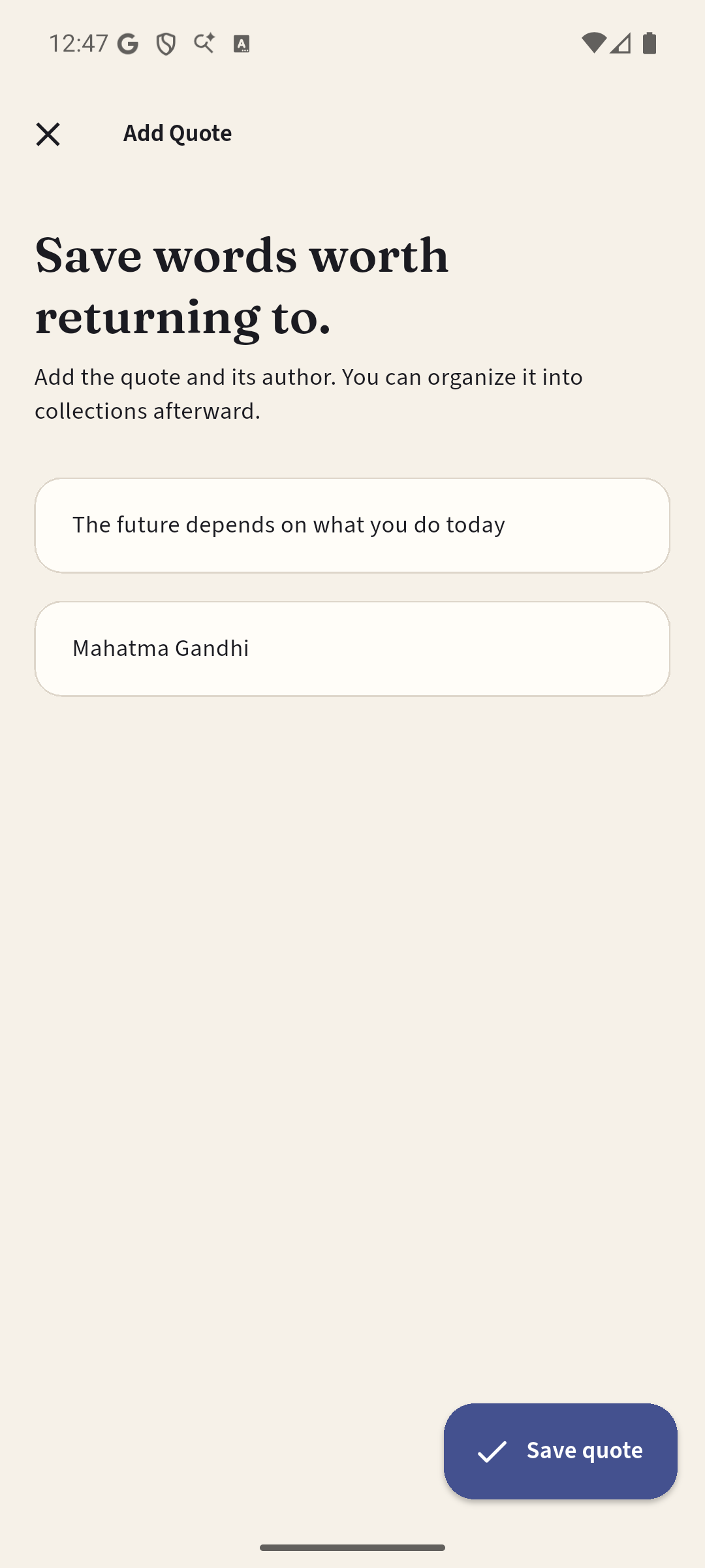 Quoter Add Quote form filled with a quote and author