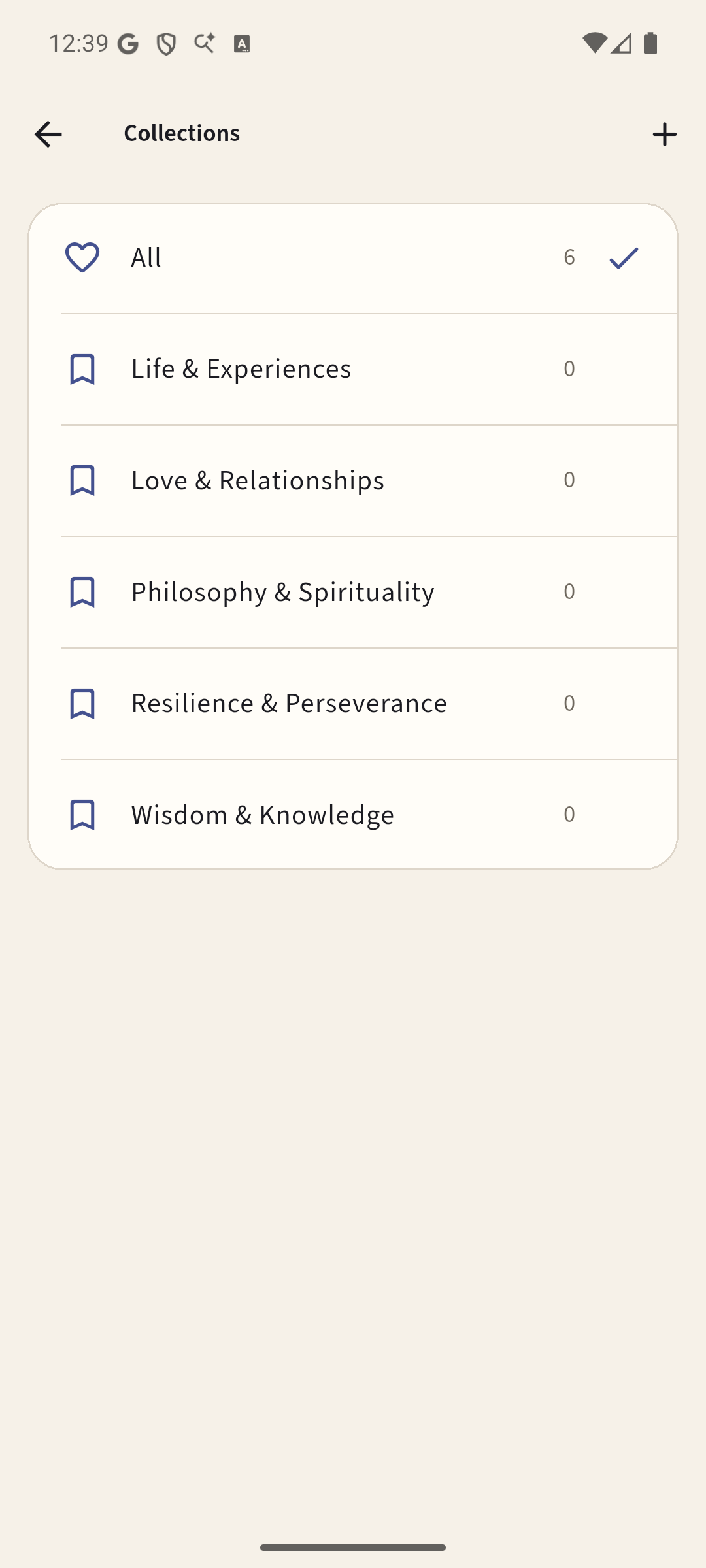 Quoter Collections screen showing themed quote collections
